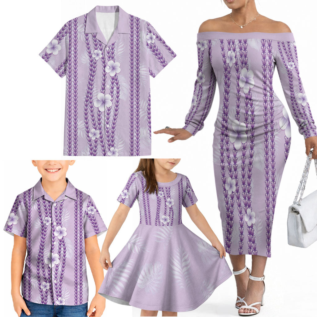 Hawaii Queen Liliuokalani Family Matching Off The Shoulder Long Sleeve Dress and Hawaiian Shirt Lavender Lei Pua Kalaunu LT05 - Polynesian Pride