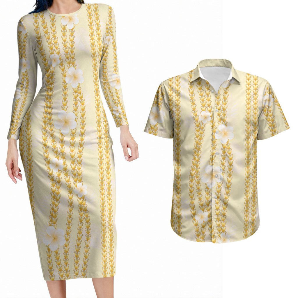 Hawaii Queen Liliuokalani Couples Matching Long Sleeve Bodycon Dress and Hawaiian Shirt Gold Lei Pua Kalaunu LT05 Gold - Polynesian Pride