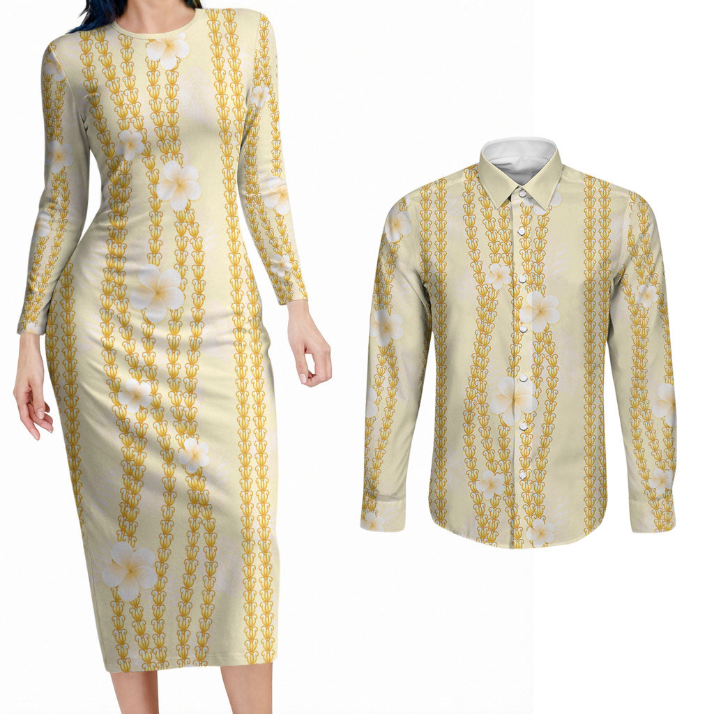 Hawaii Queen Liliuokalani Couples Matching Long Sleeve Bodycon Dress and Long Sleeve Button Shirt Gold Lei Pua Kalaunu LT05 Gold - Polynesian Pride