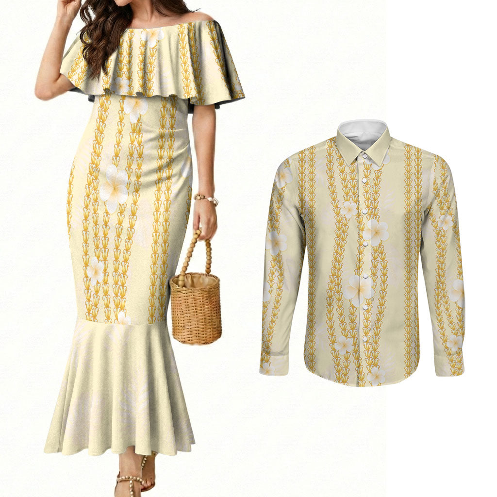 Hawaii Queen Liliuokalani Couples Matching Mermaid Dress and Long Sleeve Button Shirt Gold Lei Pua Kalaunu LT05 Gold - Polynesian Pride