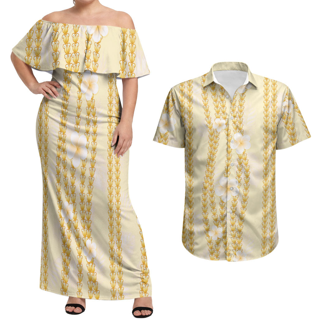 Hawaii Queen Liliuokalani Couples Matching Off Shoulder Maxi Dress and Hawaiian Shirt Gold Lei Pua Kalaunu LT05 Gold - Polynesian Pride