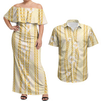Hawaii Queen Liliuokalani Couples Matching Off Shoulder Maxi Dress and Hawaiian Shirt Gold Lei Pua Kalaunu LT05 Gold - Polynesian Pride