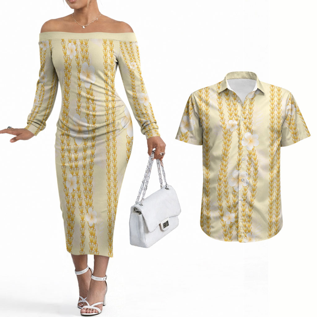 Hawaii Queen Liliuokalani Couples Matching Off The Shoulder Long Sleeve Dress and Hawaiian Shirt Gold Lei Pua Kalaunu LT05 Gold - Polynesian Pride