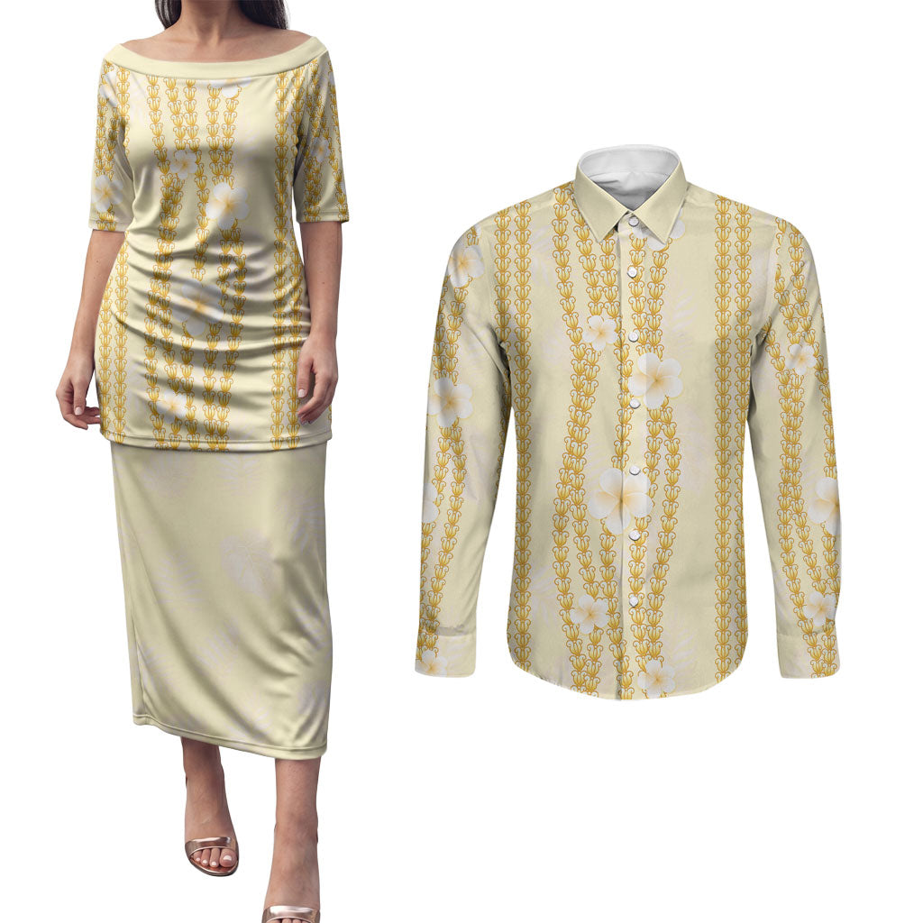 Hawaii Queen Liliuokalani Couples Matching Puletasi and Long Sleeve Button Shirt Gold Lei Pua Kalaunu LT05 Gold - Polynesian Pride