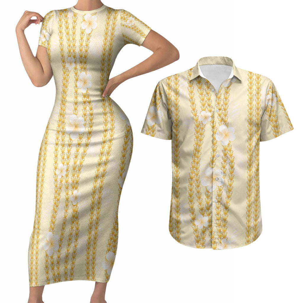 Hawaii Queen Liliuokalani Couples Matching Short Sleeve Bodycon Dress and Hawaiian Shirt Gold Lei Pua Kalaunu LT05 Gold - Polynesian Pride