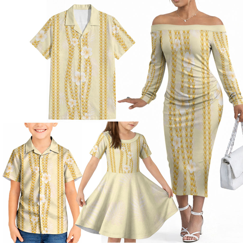 Hawaii Queen Liliuokalani Family Matching Off The Shoulder Long Sleeve Dress and Hawaiian Shirt Gold Lei Pua Kalaunu LT05 - Polynesian Pride