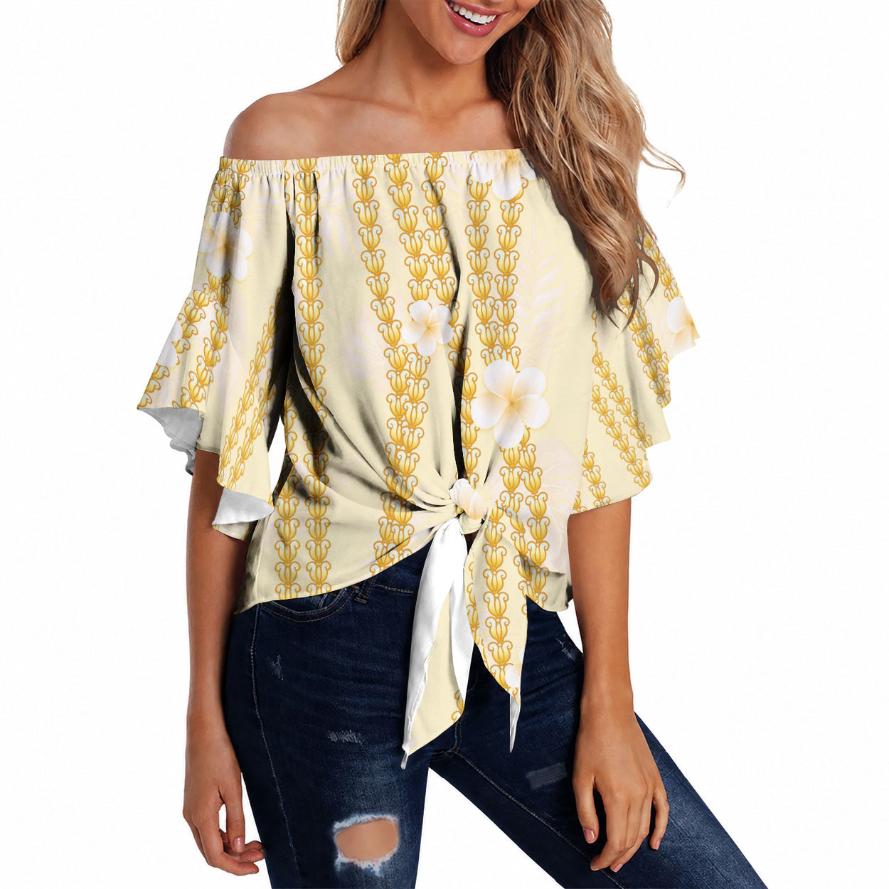 Hawaii Queen Liliuokalani Off Shoulder Wrap Waist Top Gold Lei Pua Kalaunu LT05 Gold - Polynesian Pride