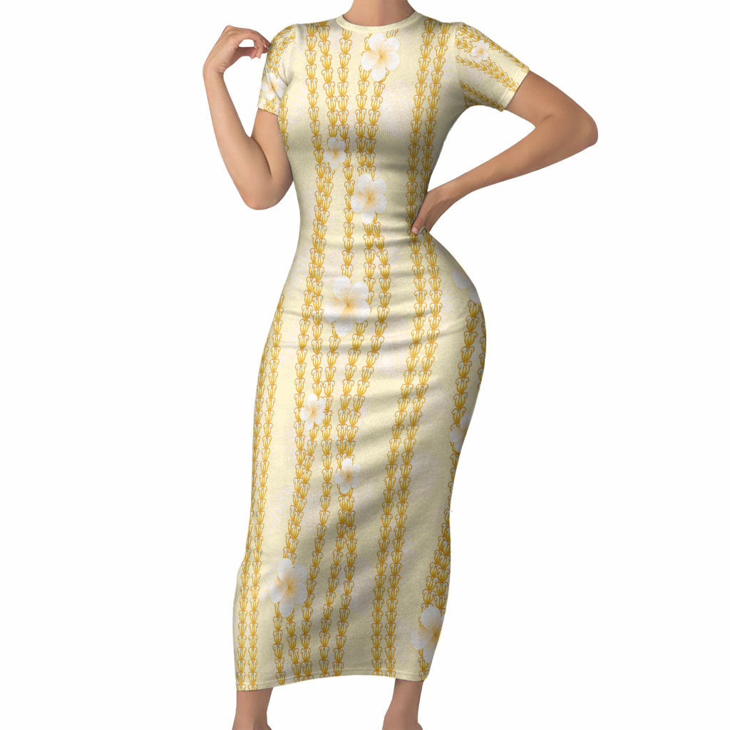 Hawaii Queen Liliuokalani Short Sleeve Bodycon Dress Gold Lei Pua Kalaunu LT05 Long Dress Gold - Polynesian Pride