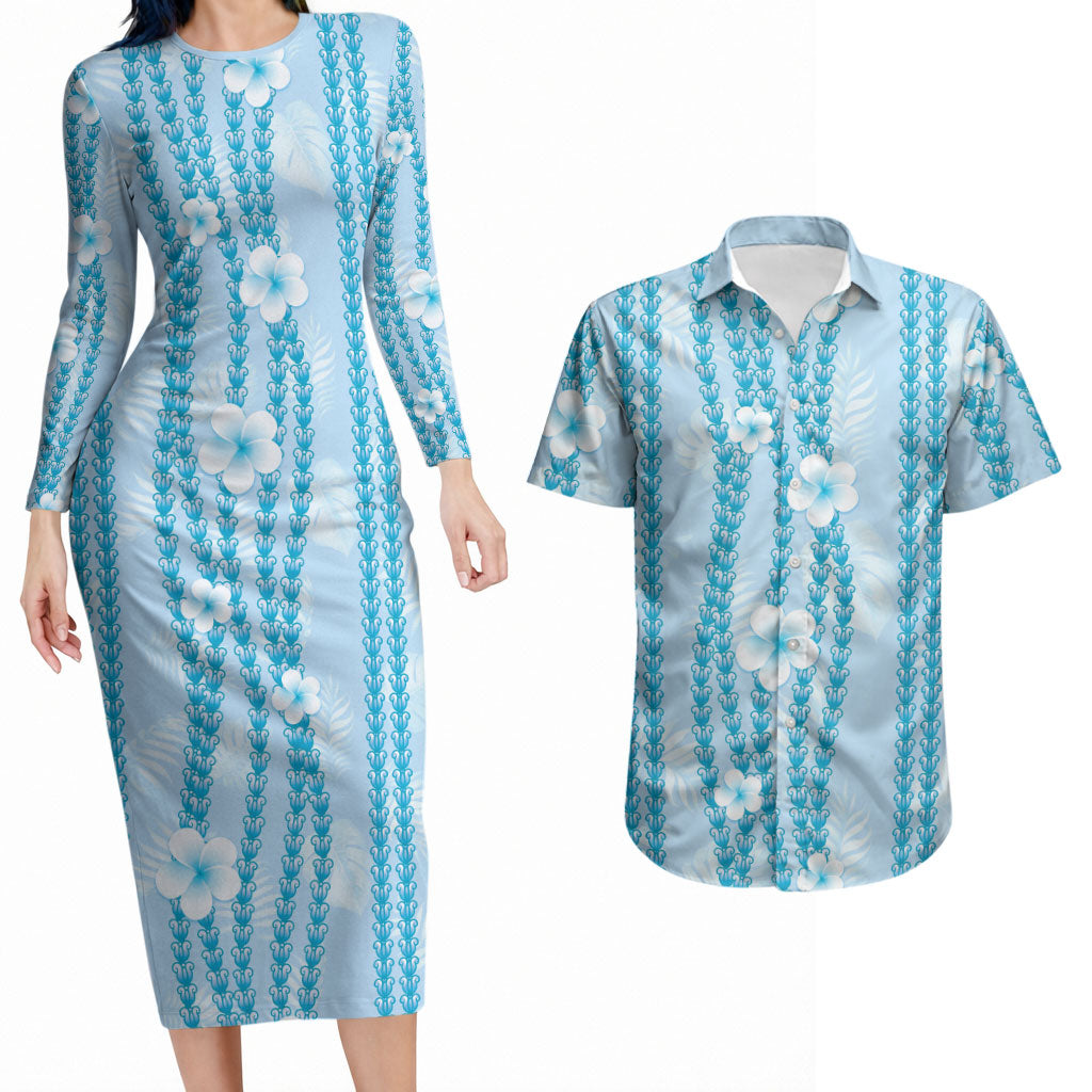 Hawaii Queen Liliuokalani Couples Matching Long Sleeve Bodycon Dress and Hawaiian Shirt Blue Lei Pua Kalaunu LT05 Blue - Polynesian Pride