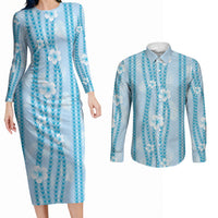 Hawaii Queen Liliuokalani Couples Matching Long Sleeve Bodycon Dress and Long Sleeve Button Shirt Blue Lei Pua Kalaunu LT05 Blue - Polynesian Pride