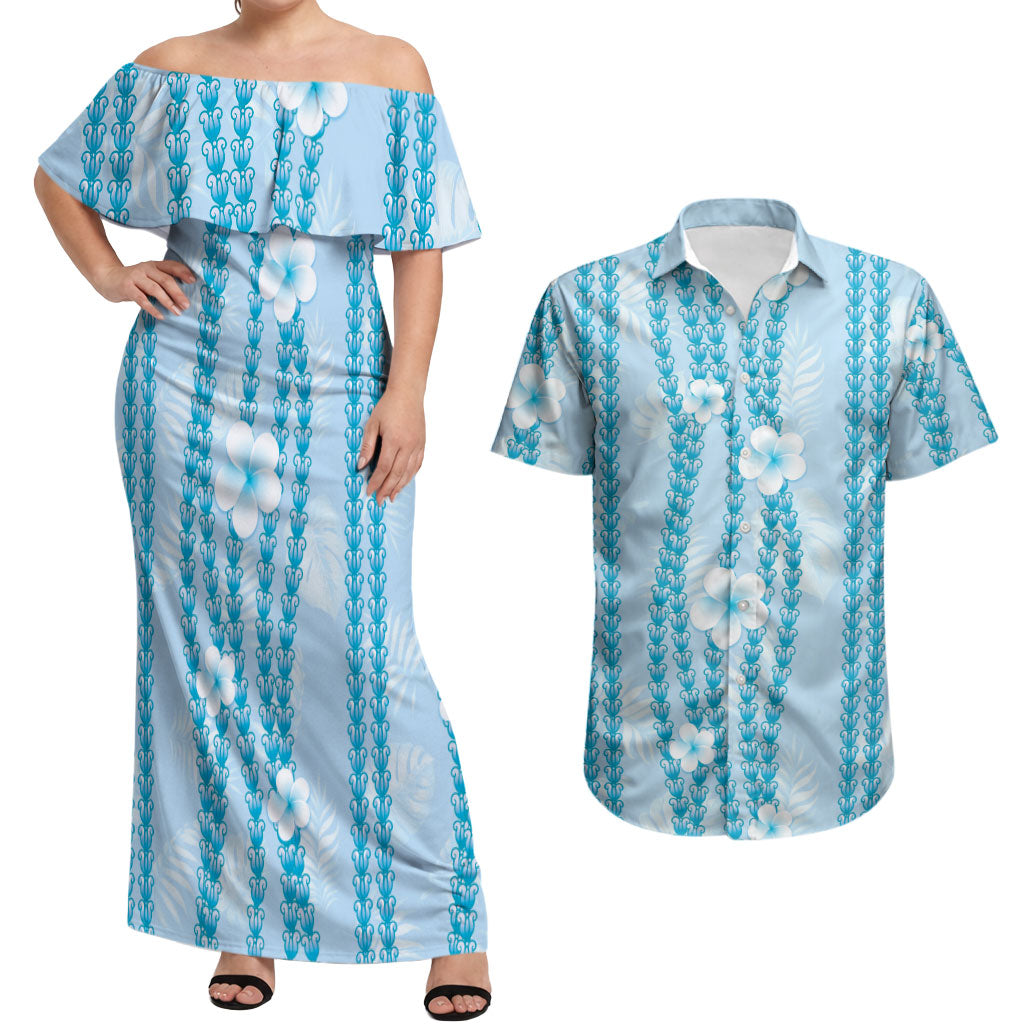 Hawaii Queen Liliuokalani Couples Matching Off Shoulder Maxi Dress and Hawaiian Shirt Blue Lei Pua Kalaunu LT05 Blue - Polynesian Pride