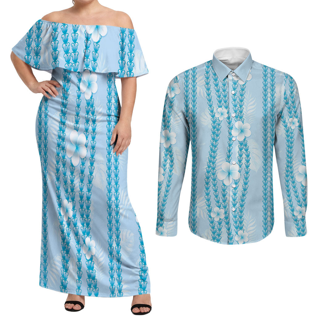 Hawaii Queen Liliuokalani Couples Matching Off Shoulder Maxi Dress and Long Sleeve Button Shirt Blue Lei Pua Kalaunu LT05 Blue - Polynesian Pride
