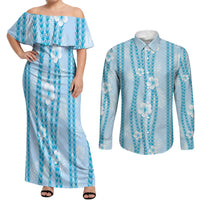 Hawaii Queen Liliuokalani Couples Matching Off Shoulder Maxi Dress and Long Sleeve Button Shirt Blue Lei Pua Kalaunu LT05 Blue - Polynesian Pride