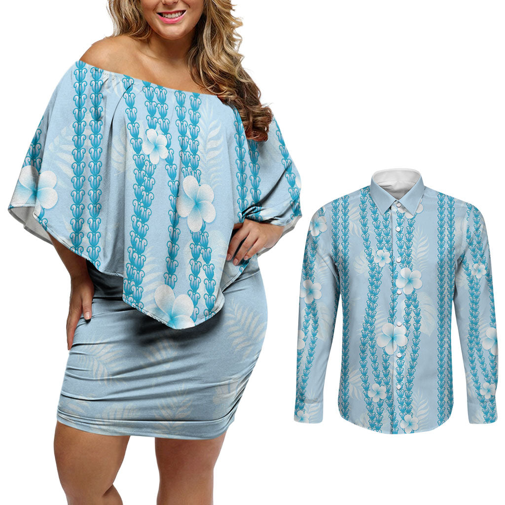 Hawaii Queen Liliuokalani Couples Matching Off Shoulder Short Dress and Long Sleeve Button Shirt Blue Lei Pua Kalaunu LT05 Blue - Polynesian Pride