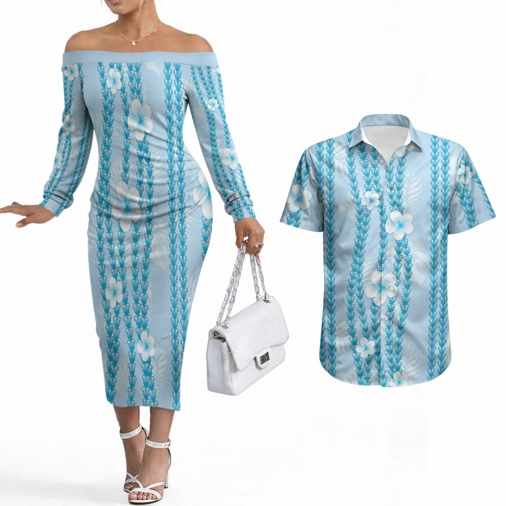Hawaii Queen Liliuokalani Couples Matching Off The Shoulder Long Sleeve Dress and Hawaiian Shirt Blue Lei Pua Kalaunu LT05 Blue - Polynesian Pride
