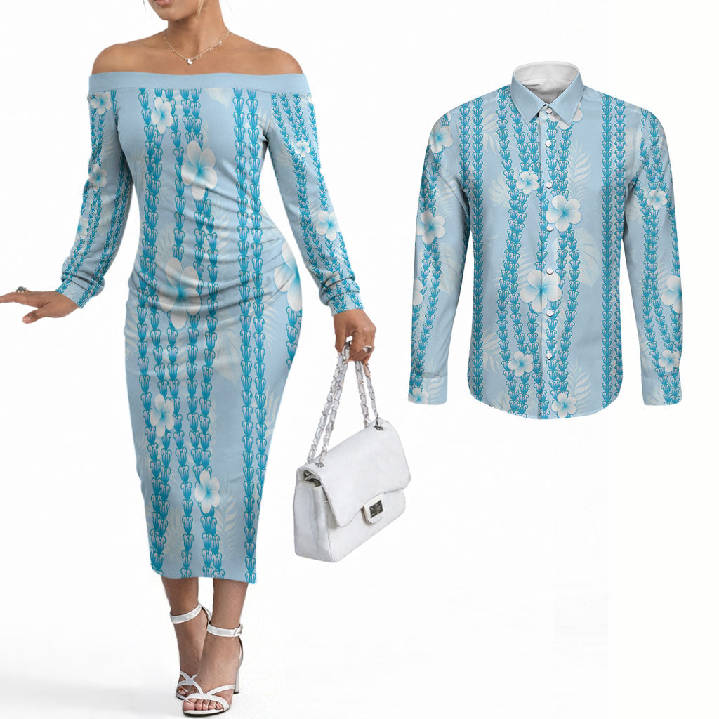 Hawaii Queen Liliuokalani Couples Matching Off The Shoulder Long Sleeve Dress and Long Sleeve Button Shirt Blue Lei Pua Kalaunu LT05 Blue - Polynesian Pride