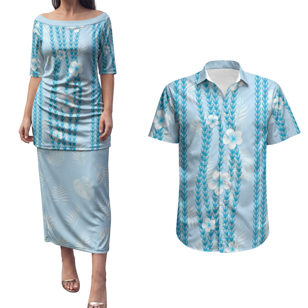 Hawaii Queen Liliuokalani Couples Matching Puletasi and Hawaiian Shirt Blue Lei Pua Kalaunu LT05 Blue - Polynesian Pride