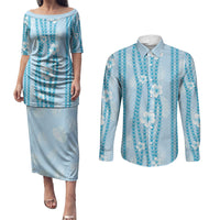 Hawaii Queen Liliuokalani Couples Matching Puletasi and Long Sleeve Button Shirt Blue Lei Pua Kalaunu LT05 Blue - Polynesian Pride