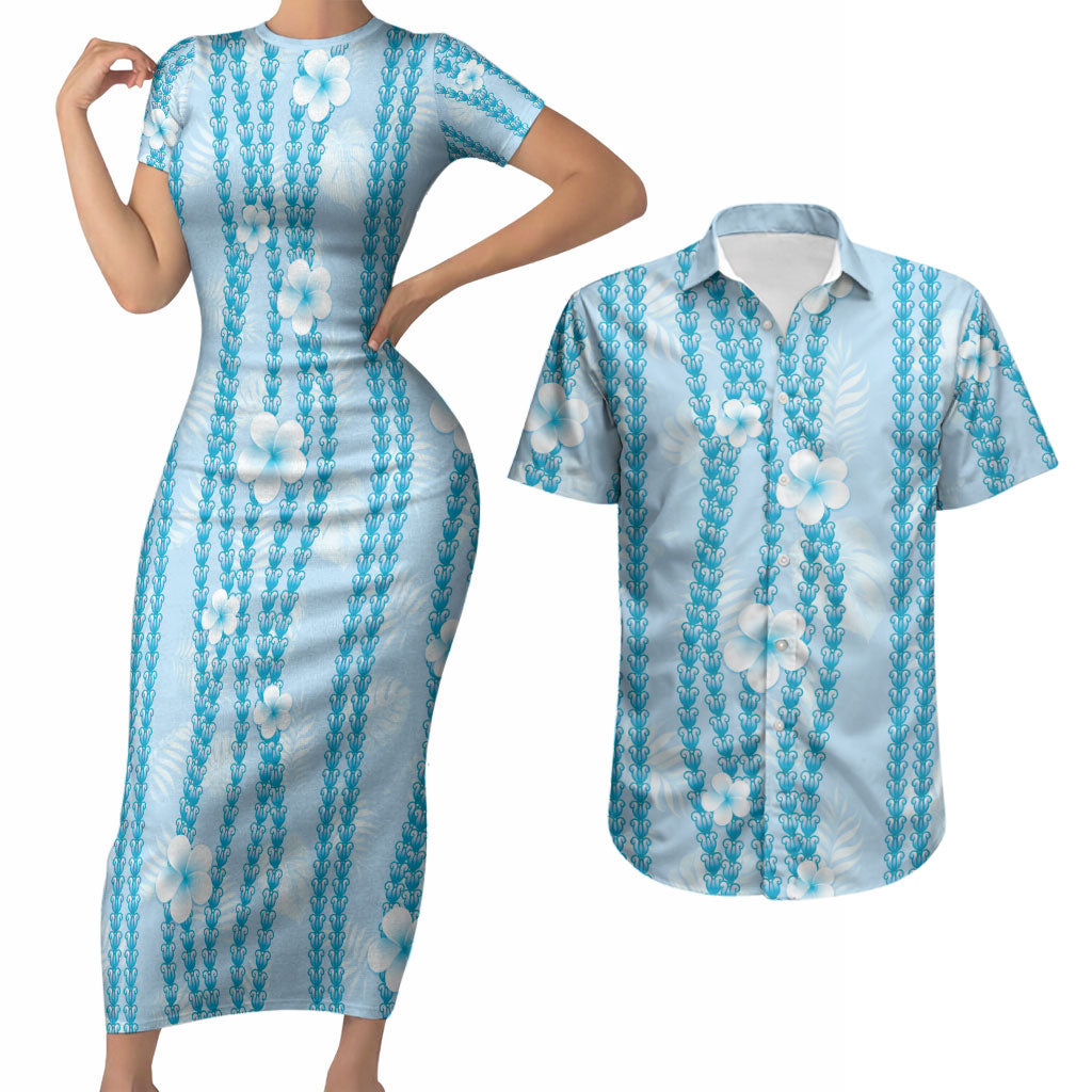 Hawaii Queen Liliuokalani Couples Matching Short Sleeve Bodycon Dress and Hawaiian Shirt Blue Lei Pua Kalaunu LT05 Blue - Polynesian Pride