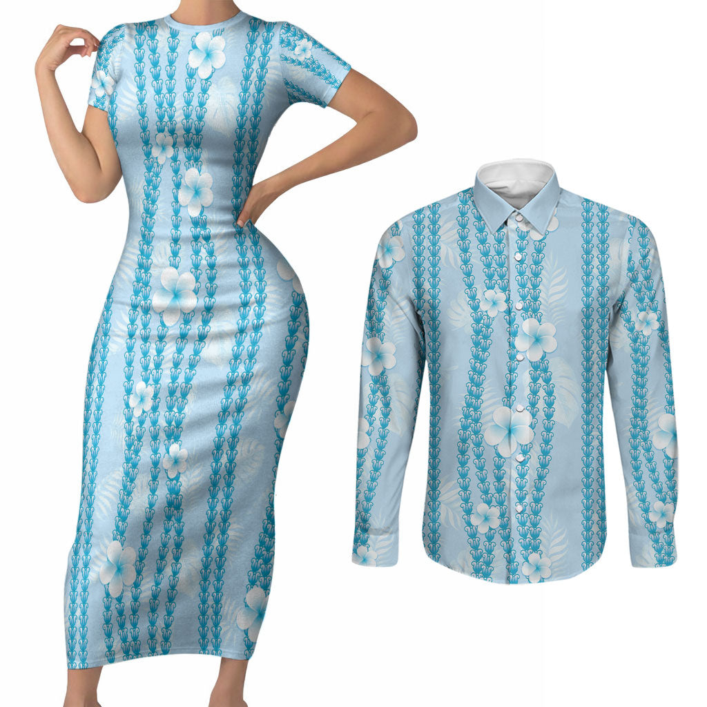 Hawaii Queen Liliuokalani Couples Matching Short Sleeve Bodycon Dress and Long Sleeve Button Shirt Blue Lei Pua Kalaunu LT05 Blue - Polynesian Pride