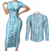 Hawaii Queen Liliuokalani Couples Matching Short Sleeve Bodycon Dress and Long Sleeve Button Shirt Blue Lei Pua Kalaunu LT05 Blue - Polynesian Pride