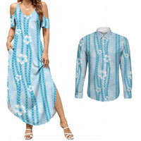 Hawaii Queen Liliuokalani Couples Matching Summer Maxi Dress and Long Sleeve Button Shirt Blue Lei Pua Kalaunu LT05 Blue - Polynesian Pride