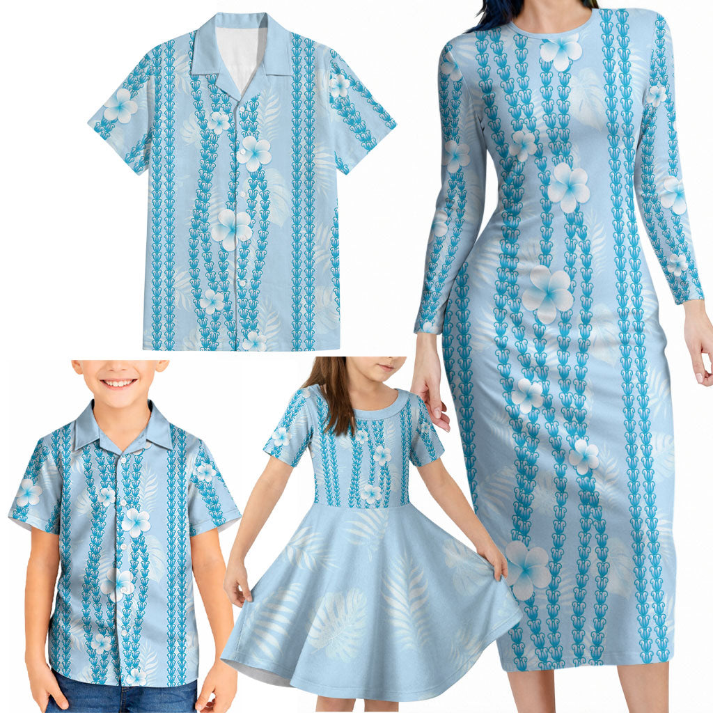 Hawaii Queen Liliuokalani Family Matching Long Sleeve Bodycon Dress and Hawaiian Shirt Blue Lei Pua Kalaunu LT05 - Polynesian Pride