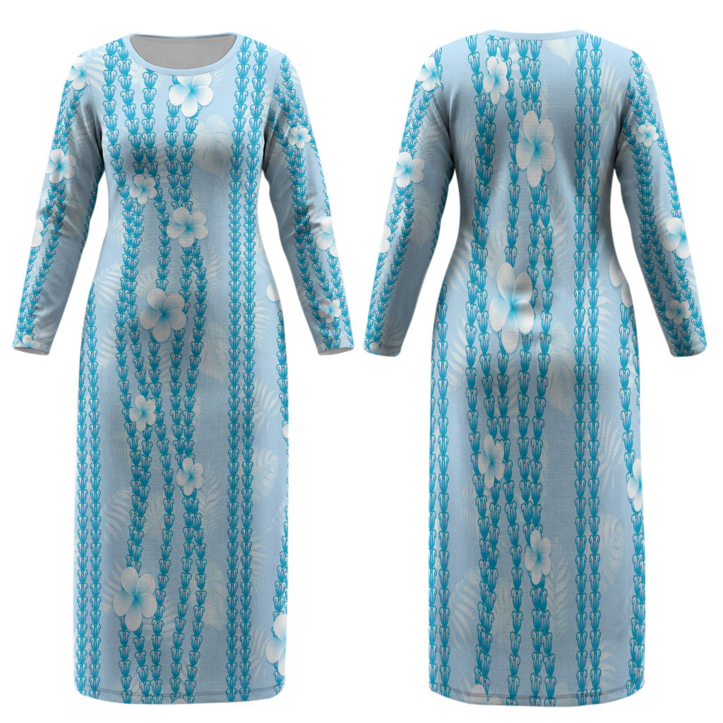 Hawaii Queen Liliuokalani Family Matching Long Sleeve Bodycon Dress and Hawaiian Shirt Blue Lei Pua Kalaunu LT05 Mom's Dress Blue - Polynesian Pride