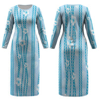 Hawaii Queen Liliuokalani Family Matching Long Sleeve Bodycon Dress and Hawaiian Shirt Blue Lei Pua Kalaunu LT05 Mom's Dress Blue - Polynesian Pride
