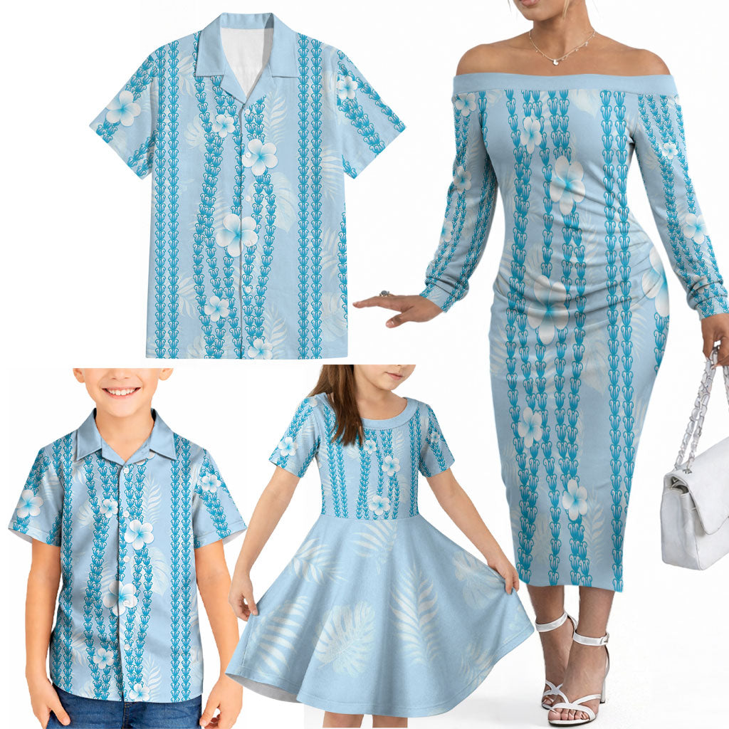 Hawaii Queen Liliuokalani Family Matching Off The Shoulder Long Sleeve Dress and Hawaiian Shirt Blue Lei Pua Kalaunu LT05 - Polynesian Pride
