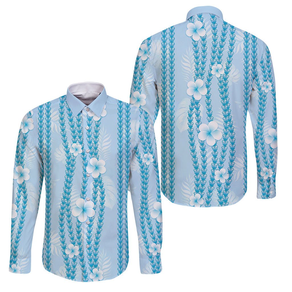 Hawaii Queen Liliuokalani Family Matching Off The Shoulder Long Sleeve Dress and Hawaiian Shirt Blue Lei Pua Kalaunu LT05 Dad's Shirt - Long Sleeve Blue - Polynesian Pride