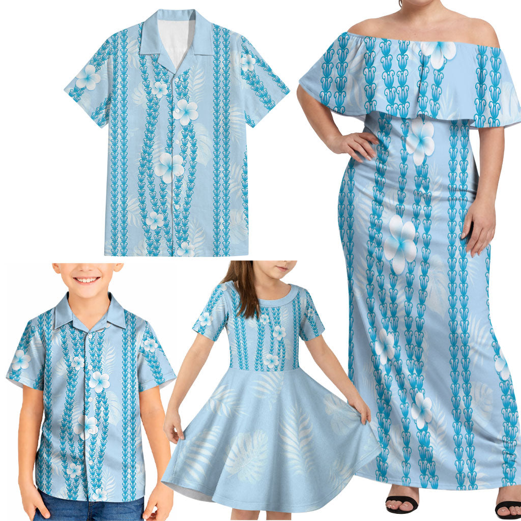Hawaii Queen Liliuokalani Family Matching Off Shoulder Maxi Dress and Hawaiian Shirt Blue Lei Pua Kalaunu LT05 - Polynesian Pride
