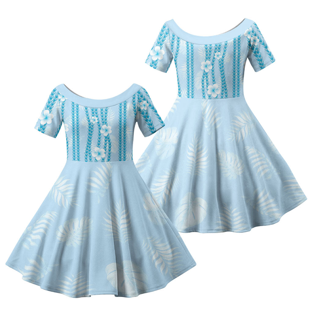 Hawaii Queen Liliuokalani Family Matching Off Shoulder Short Dress and Hawaiian Shirt Blue Lei Pua Kalaunu LT05 Daughter's Dress Blue - Polynesian Pride
