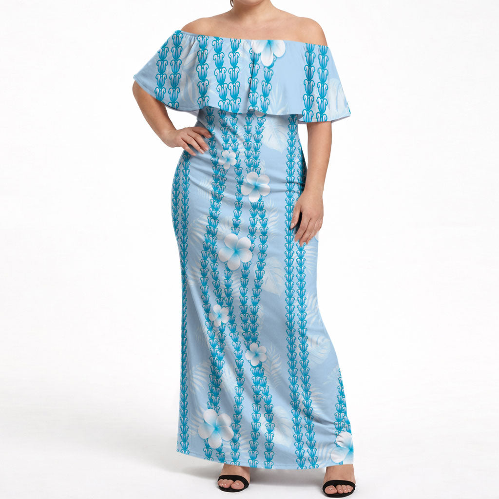 Hawaii Queen Liliuokalani Off Shoulder Maxi Dress Blue Lei Pua Kalaunu LT05 Women Blue - Polynesian Pride