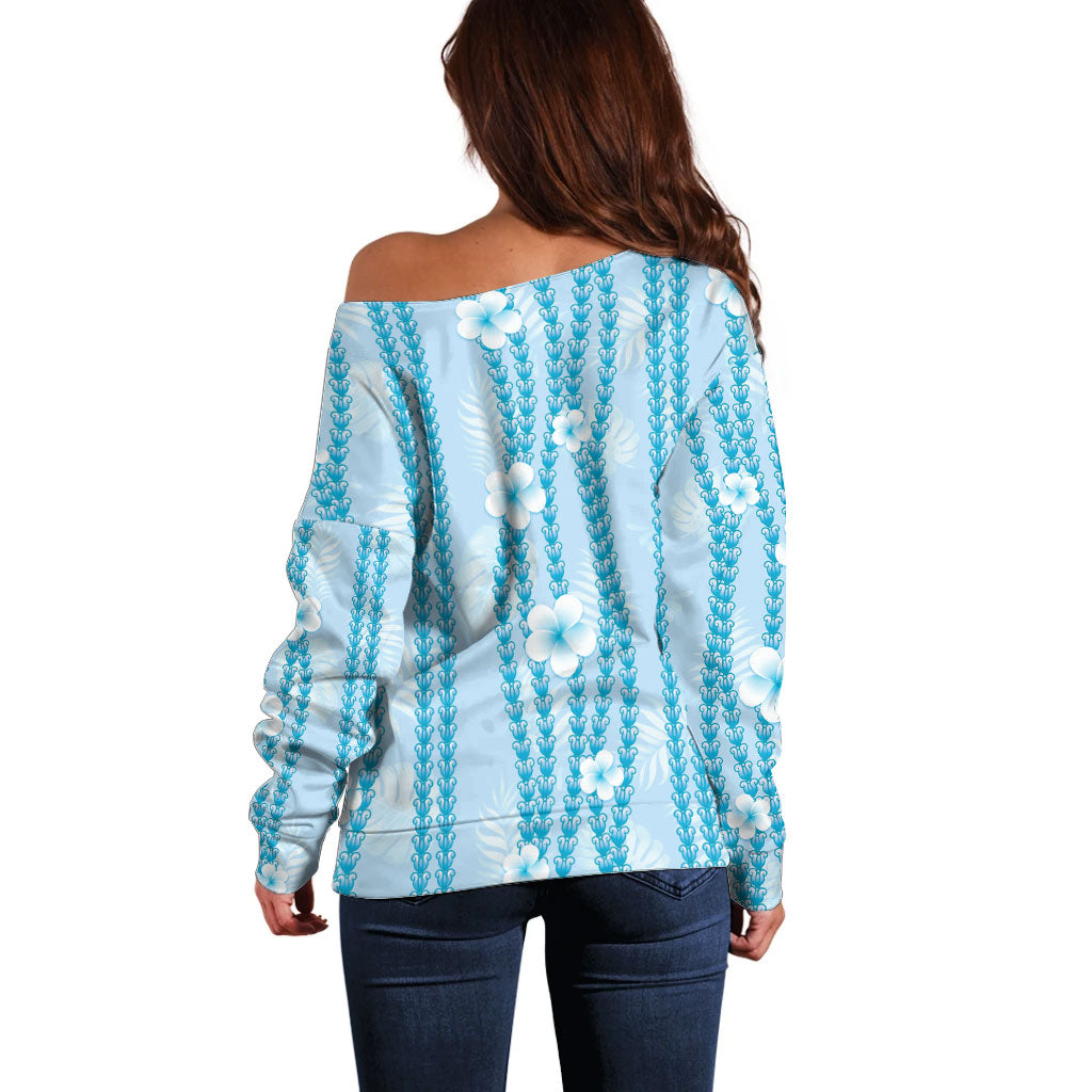 Hawaii Queen Liliuokalani Off Shoulder Sweater Blue Lei Pua Kalaunu LT05 - Polynesian Pride