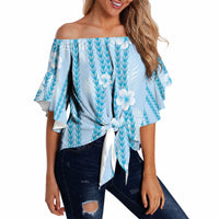Hawaii Queen Liliuokalani Off Shoulder Wrap Waist Top Blue Lei Pua Kalaunu LT05 Blue - Polynesian Pride