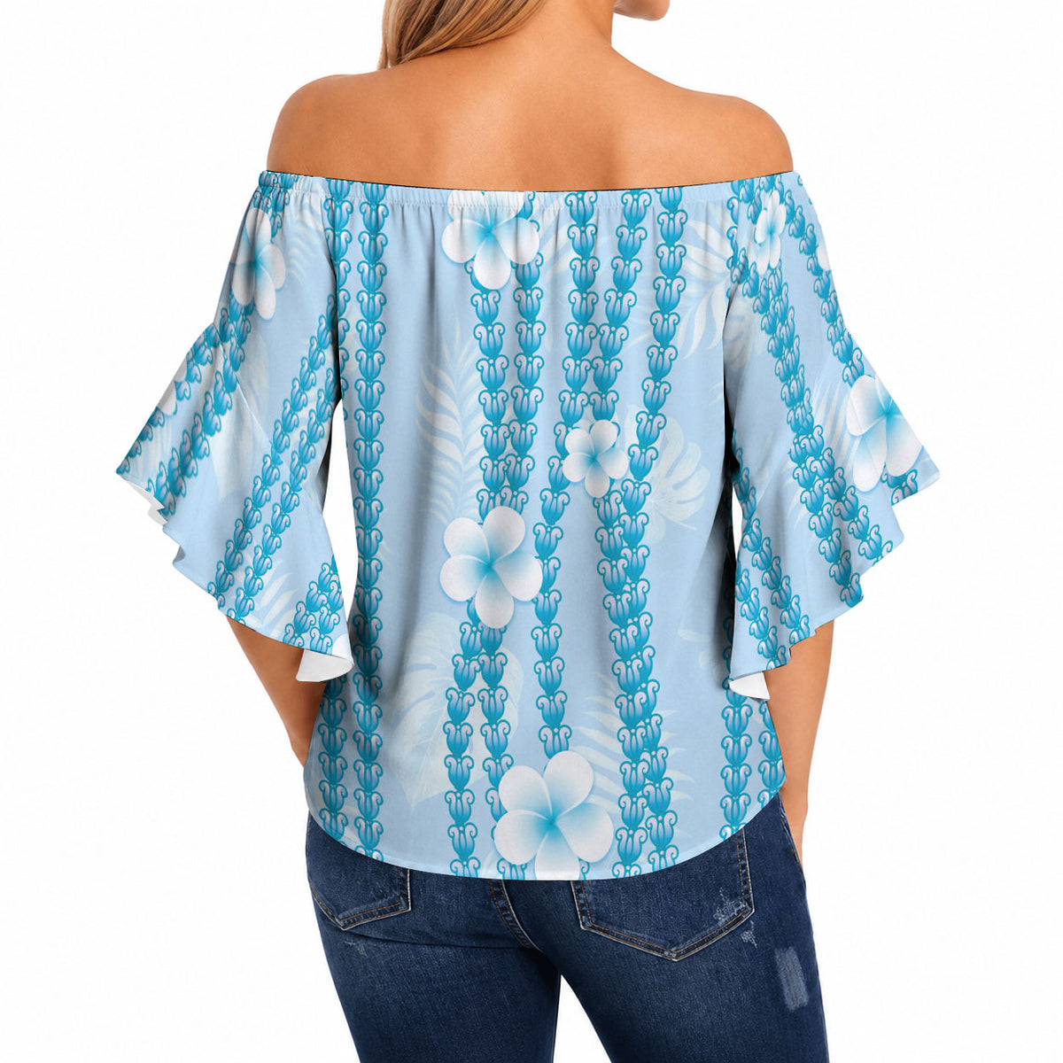 Hawaii Queen Liliuokalani Off Shoulder Wrap Waist Top Blue Lei Pua Kalaunu LT05 - Polynesian Pride