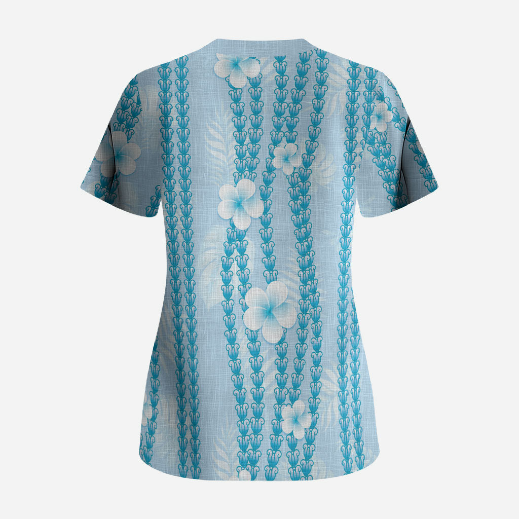 Hawaii Queen Liliuokalani Scrub Top Blue Lei Pua Kalaunu LT05 - Polynesian Pride