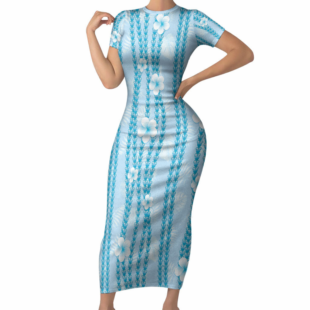 Hawaii Queen Liliuokalani Short Sleeve Bodycon Dress Blue Lei Pua Kalaunu LT05 Long Dress Blue - Polynesian Pride