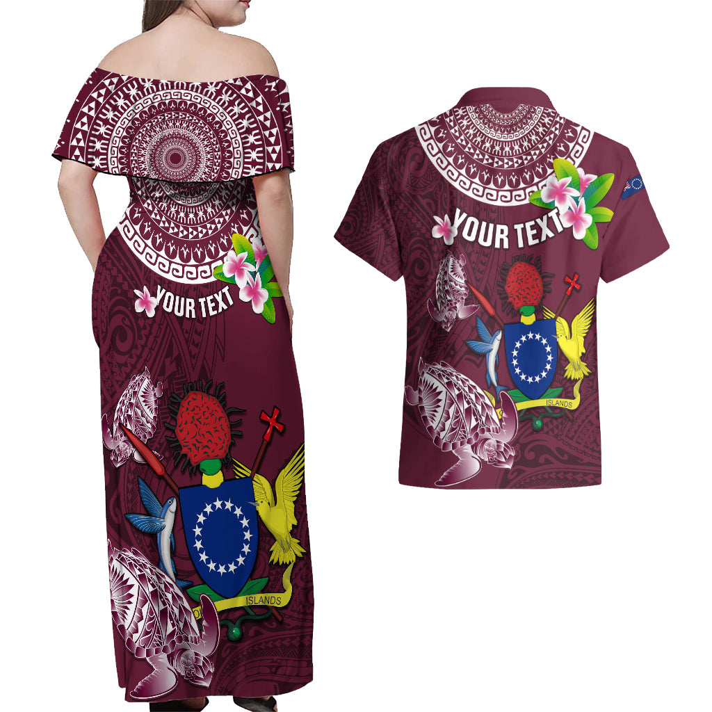 Personalized Cook Islands Mangaia Couples Matching Off Shoulder Maxi Dress and Hawaiian Shirt Coat Of Arms Plumeria Polynesian Turtle LT05 - Polynesian Pride