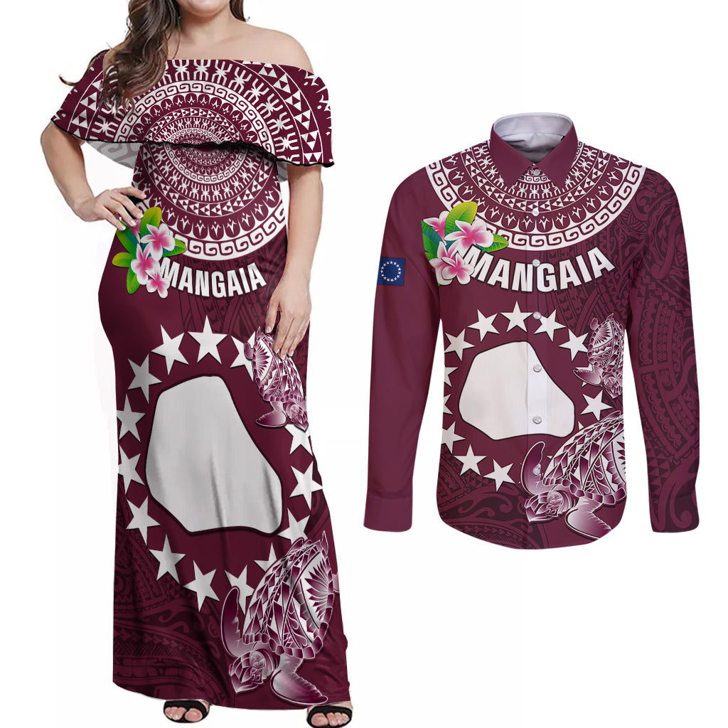 Personalized Cook Islands Mangaia Couples Matching Off Shoulder Maxi Dress and Long Sleeve Button Shirts Coat Of Arms Plumeria Polynesian Turtle LT05 Pink - Polynesian Pride