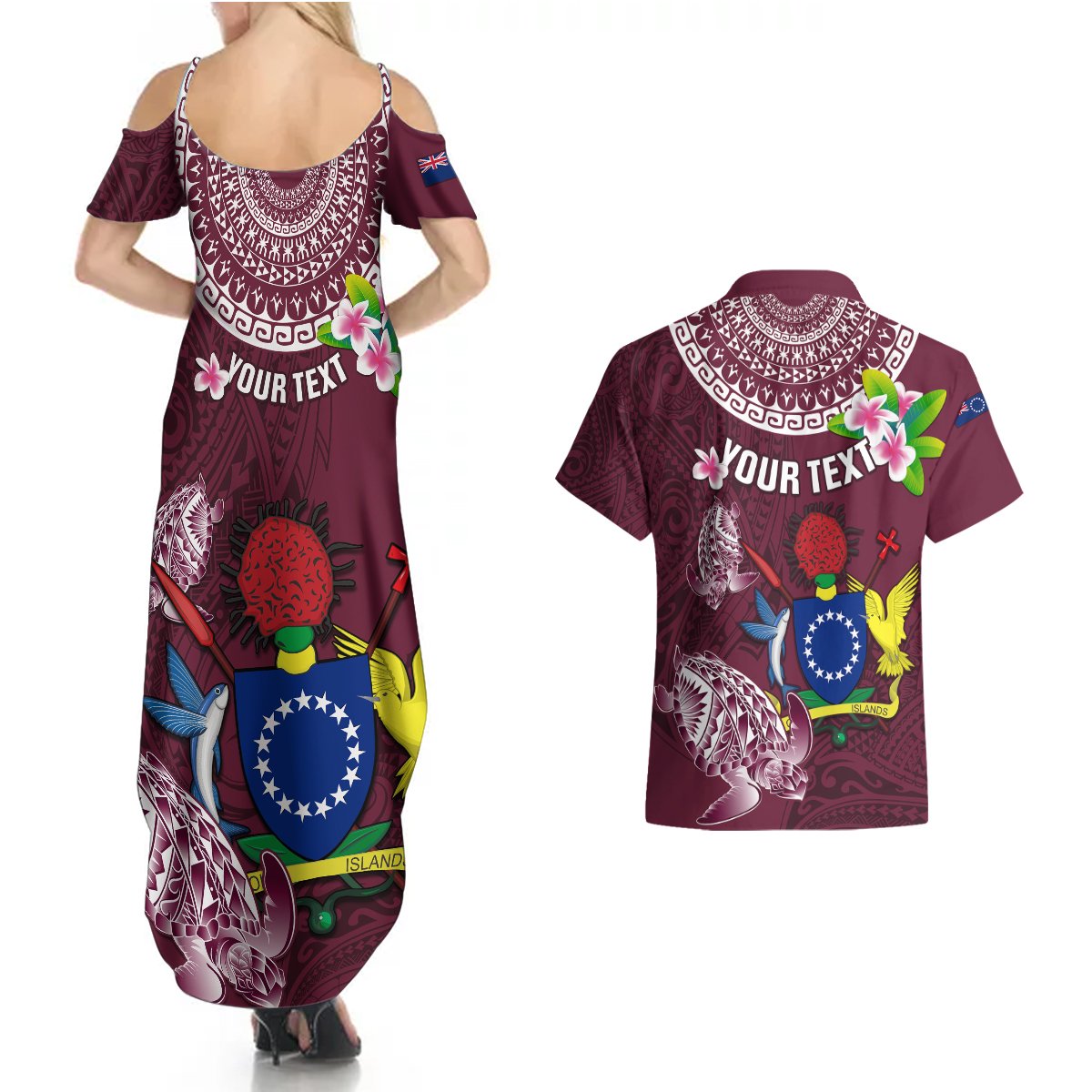 Personalized Cook Islands Mangaia Couples Matching Summer Maxi Dress and Hawaiian Shirt Coat Of Arms Plumeria Polynesian Turtle LT05 - Polynesian Pride
