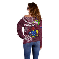 Personalized Cook Islands Mangaia Off Shoulder Sweater Coat Of Arms Plumeria Polynesian Turtle LT05 - Polynesian Pride