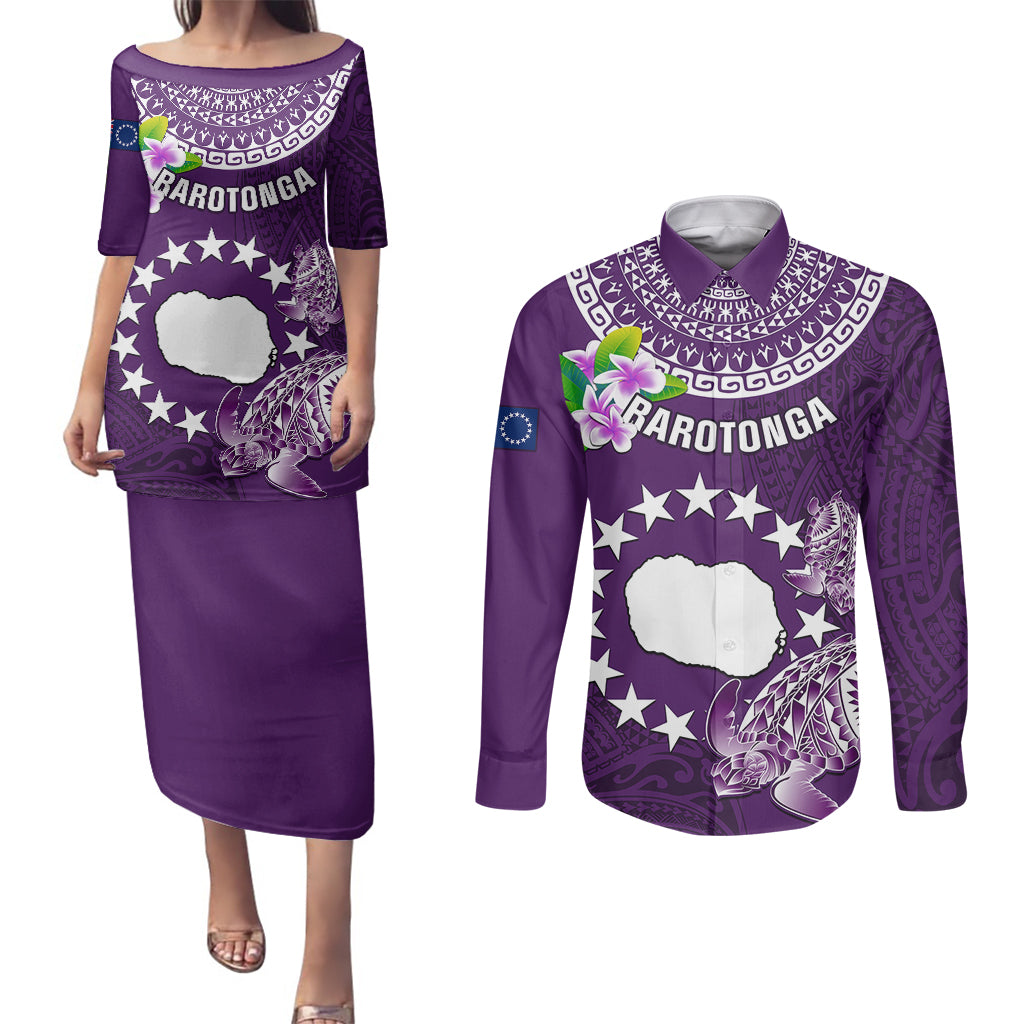 Cook Islands Rarotonga Couples Matching Puletasi Dress and Long Sleeve Button Shirts Coat Of Arms Plumeria Polynesian Turtle LT05 Purple - Polynesian Pride