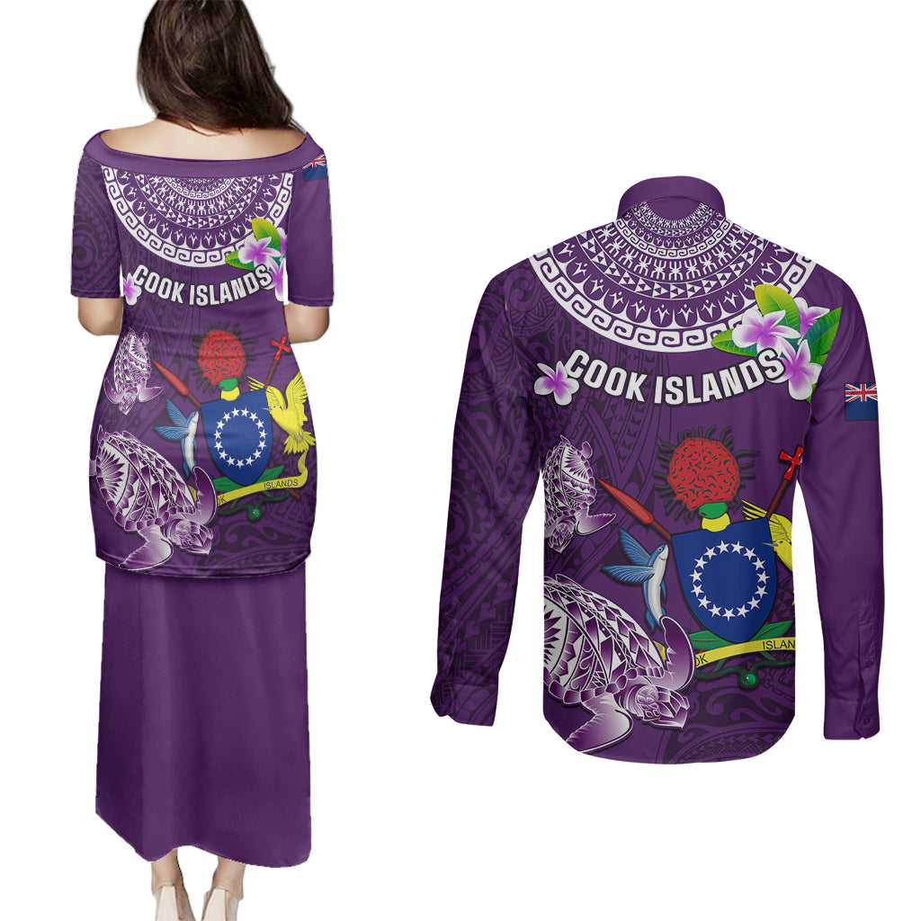 Cook Islands Rarotonga Couples Matching Puletasi Dress and Long Sleeve Button Shirts Coat Of Arms Plumeria Polynesian Turtle LT05 - Polynesian Pride