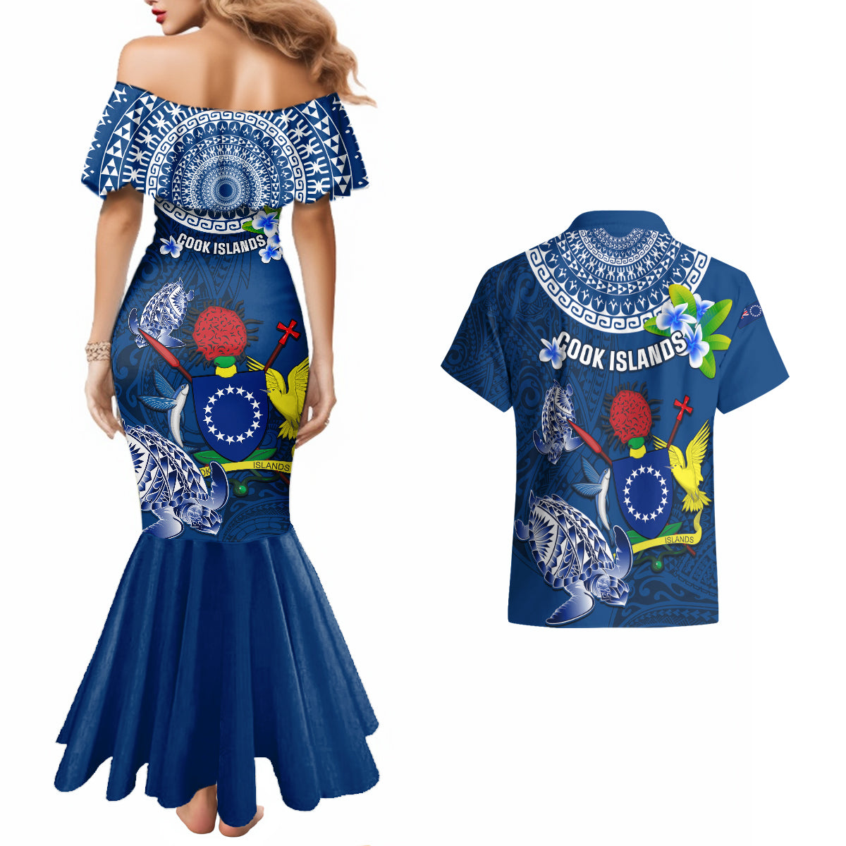 Cook Islands Pukapuka Couples Matching Mermaid Dress and Hawaiian Shirt Coat Of Arms Plumeria Polynesian Turtle LT05 - Polynesian Pride