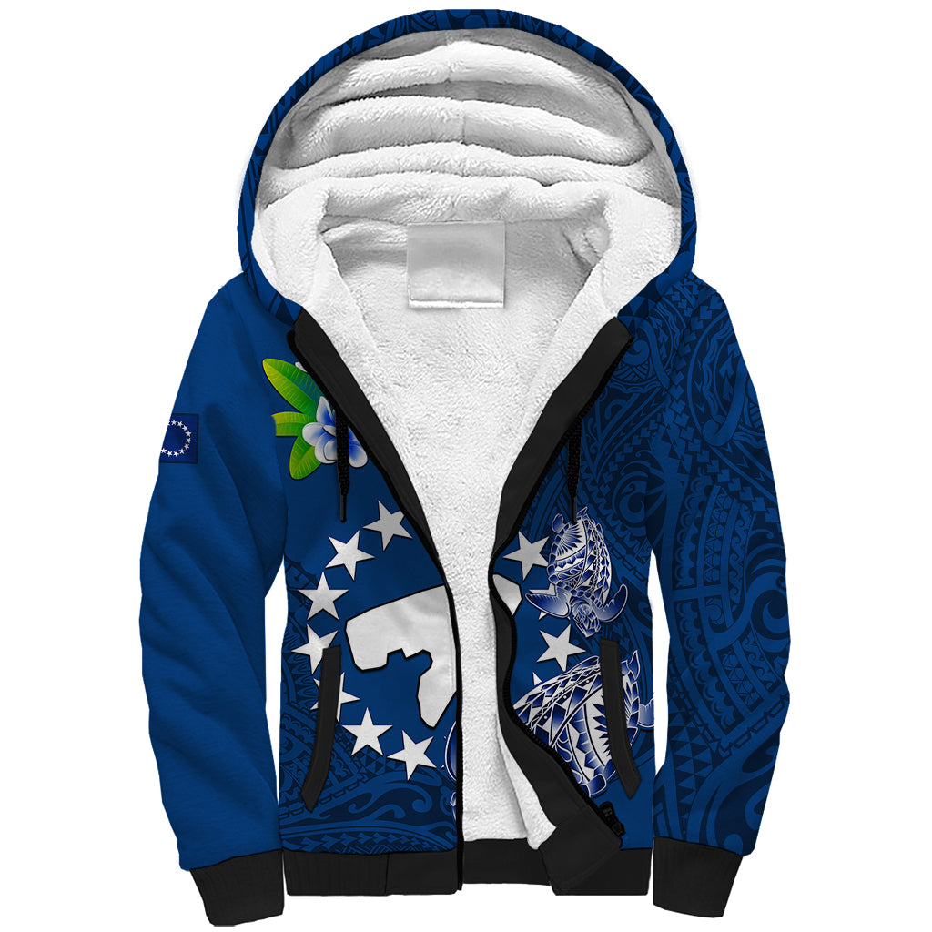 Cook Islands Pukapuka Sherpa Hoodie Coat Of Arms Plumeria Polynesian Turtle LT05 Unisex Blue - Polynesian Pride