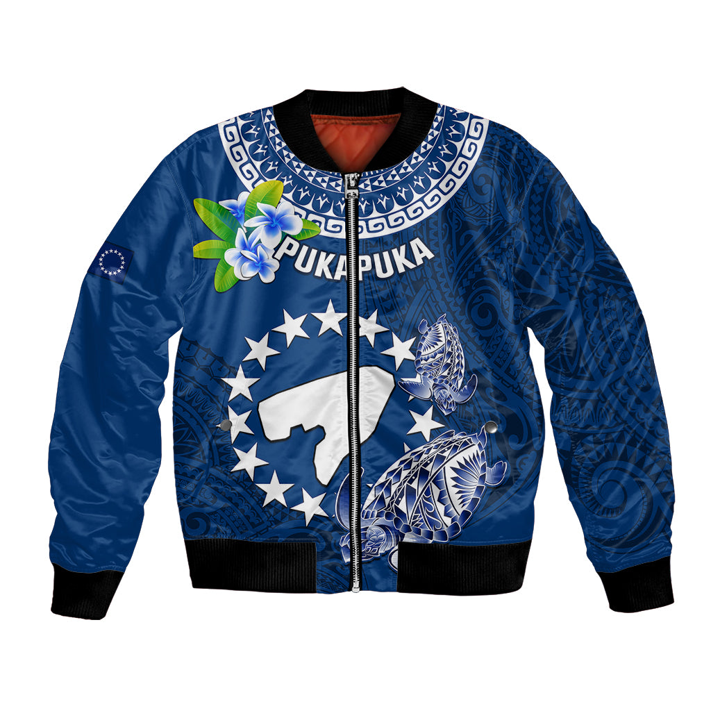 Personalized Cook Islands Pukapuka Bomber Jacket Coat Of Arms Plumeria Polynesian Turtle LT05 Unisex Blue - Polynesian Pride