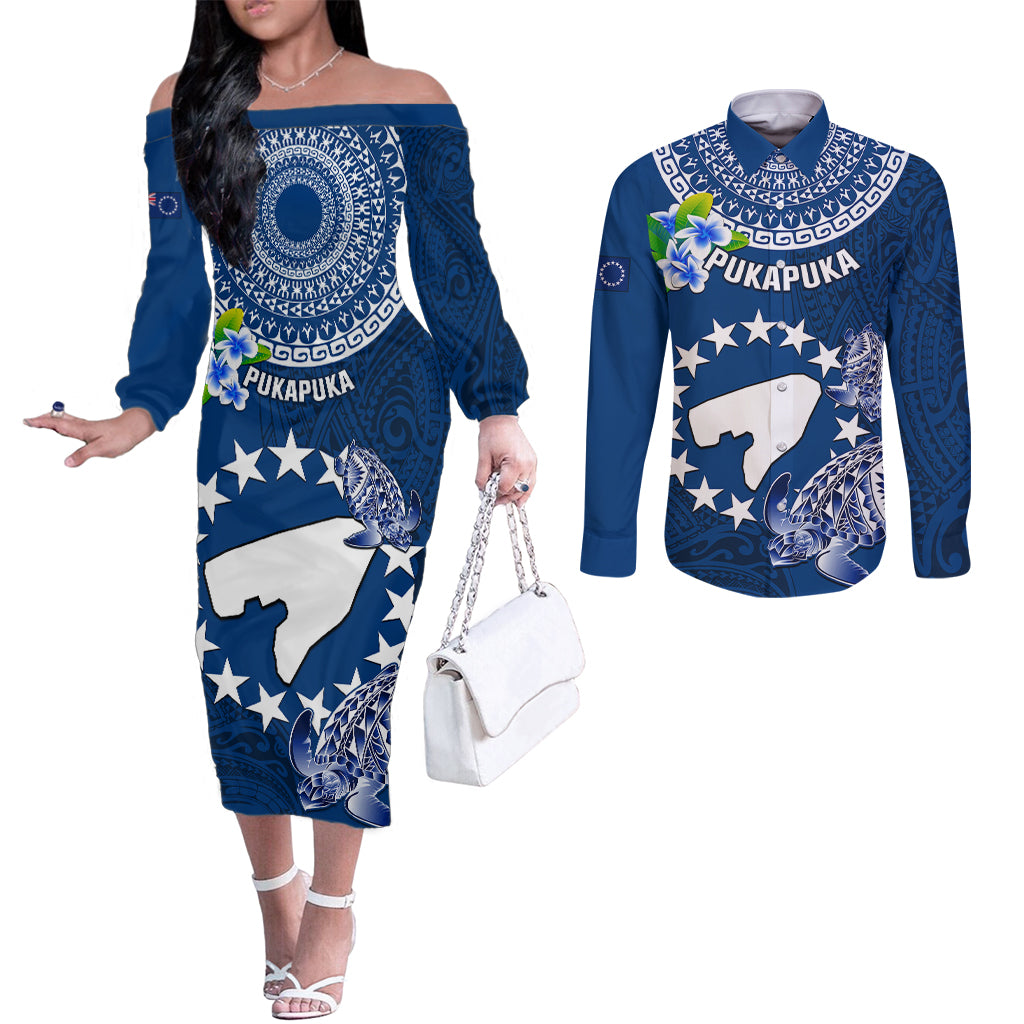 Personalized Cook Islands Pukapuka Couples Matching Off The Shoulder Long Sleeve Dress and Long Sleeve Button Shirts Coat Of Arms Plumeria Polynesian Turtle LT05 Blue - Polynesian Pride