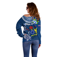 Personalized Cook Islands Pukapuka Off Shoulder Sweater Coat Of Arms Plumeria Polynesian Turtle LT05 - Polynesian Pride